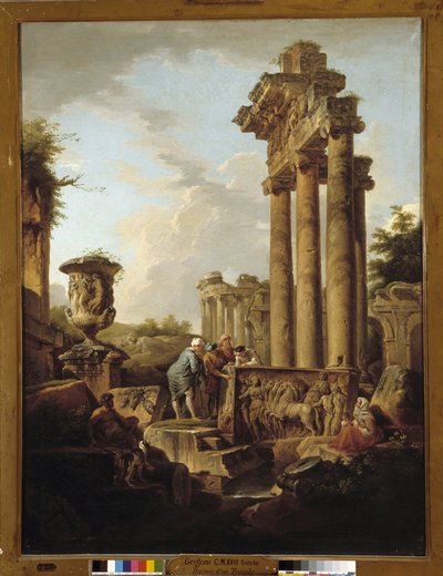 Krajina římských ruin se zbytky chrámu Saturn nebo „archeolog“ (olej na plátně) od Giovanni Paolo Pannini