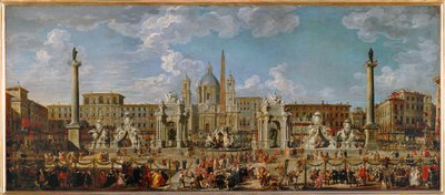 Přípravy na ohňostroj a výzdobu pro slavnostní ceremoniál na náměstí Piazza Navona v Římě 30. listopadu ... od Giovanni Paolo Pannini or Panini