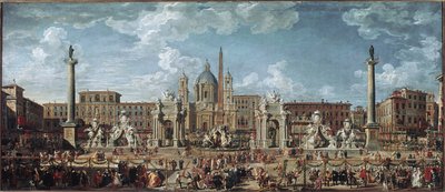Přípravy na ohňostroj a výzdoba svátku v Římě na oslavu narození delfína Louise de France (olej na plátně od Giovanni Paolo Pannini