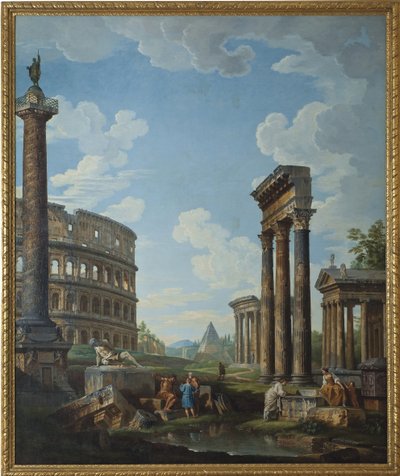 Capriccio s postavami v římských ruinách, včetně Konstantinova oblouku a Pantheonu, Kolosea a Trajánova sloupu (Trajanův sloup nebo Colonna Traiana) - obraz Giovanni Paolo Panini (Pannini) (1691-1765), olej na plátně, 210,8 x1 od Giovanni Paolo Pannini
