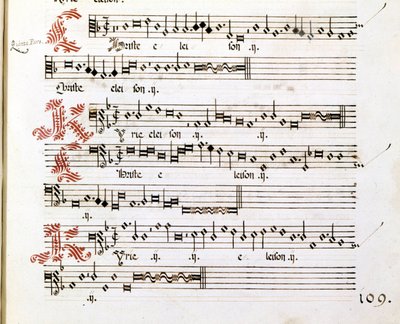Rukopis Kyrie „Messes of Mantova“ od Giovanniho Pierluigiho da Palestrina (1525 - 1594), italského skladatele. od Giovanni Pierluigi da (after) Palestrina