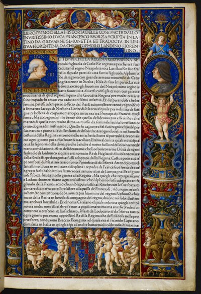 Frontispiece, od Giovanni Simonetta, Historia věcí, které provedl invictissimo vévoda Francesco Sforza [tzv. Sforziade], Milán, Antonio Zarotto od Giovanni Pietro Birago