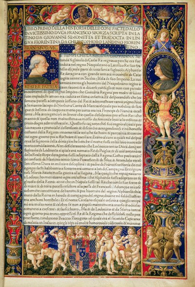 Grenville MS 7251 Frontispis luxusní kopie „Sforziady aneb Život Francesca Sforzy“, popravený pro Ludovica Sforzu, italský překlad latinského originálu napsaného Giovanni Simonettou od Giovanni Pietro Birago