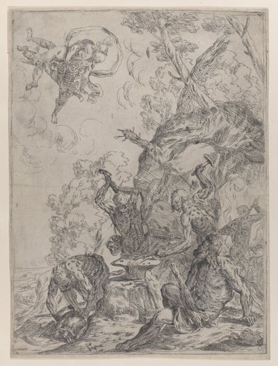 Vulkánská kovárna s kováři bijícími kladivy do kovadliny..., 1640-59. od Giovanni Pietro Possenti