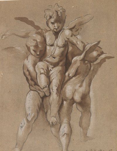 Dva Putti nesoucí třetí Putti (recto); Mládež s holí (verze) od Giovanni Pietro Possenti