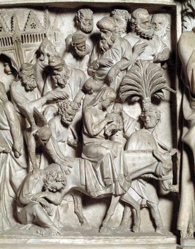 Detail reliéfů Židle realizovaný Giovanni Pisano (1248-1314): Detail reliéfů mramorové kazatelny, let do Egypta 1302-1311 Cathedrale de Pisa (Duomo di Pisa), Itálie od Giovanni Pisano