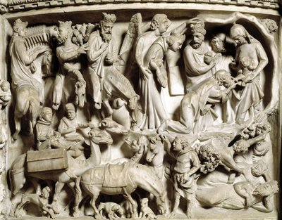 Detail reliéfů Židle realizovaný Giovanni Pisano (1248-1314): plavba a klanění tří králů (Detail reliéfů mramorové kazatelny, cestování a klanění mágů) 1302-1311 Cathedrale of Pisa (Duomo di Pisa), Itálie od Giovanni Pisano