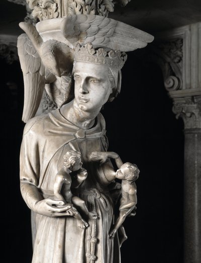 Detail sochařských skupin podpírajících židli realizované Giovanni Pisano (1248-1314): Církev živí své děti (Detail soch podporujících mramorovou kazatelnu, Církev krmí své děti) 1302-1311 Cathedrale de Pisa (Duomo di Pis od Giovanni Pisano
