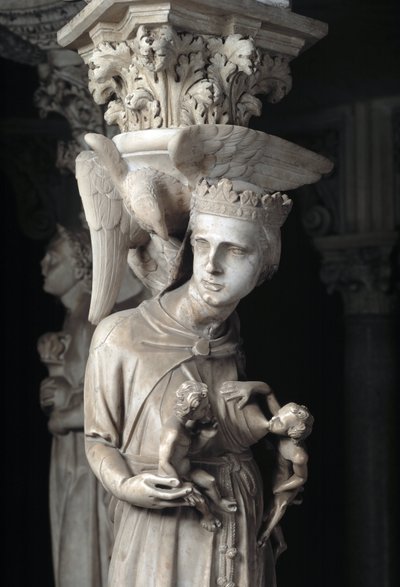 Detail sochařských skupin podpírajících židli realizované Giovanni Pisano (1248-1314): Církev živí své děti (Detail soch podporujících mramorovou kazatelnu, Církev krmí své děti) 1302-1311 Cathedrale de Pisa (Duomo di Pis od Giovanni Pisano