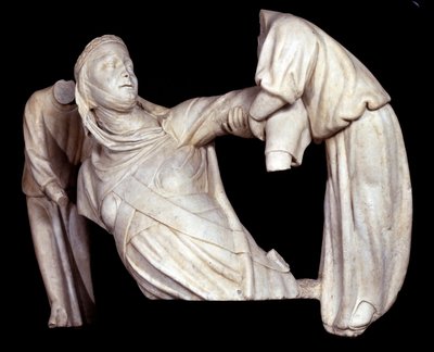 Pohřební pomník Markéty Brabantské vztyčený do vzduchu dvěma anděly (Socha od Giovanni Pisano