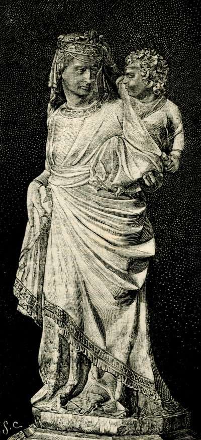 Madonna ja lapsi, patsas Giovanni Pisano (noin 1240-noin 1320), Praton katedraali, Toscana, Italia, puupiirros Le cento citta d
