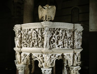 Přehled horní části křesla realizovaného Giovanni Pisano (1248-1314) (Detail reliéfů mramorové kazatelny) 1302-1311 Cathedrale de Pisa (Duomo di Pisa), Itálie od Giovanni Pisano