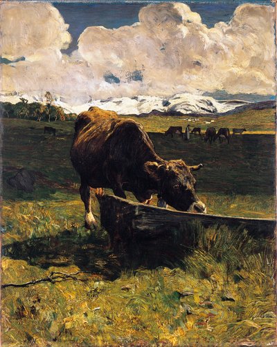 Hnědá kráva u koryta od Giovanniho Segantiniho (1858-1899), olej na plátně, 88x69 cm od Giovanni Segantini