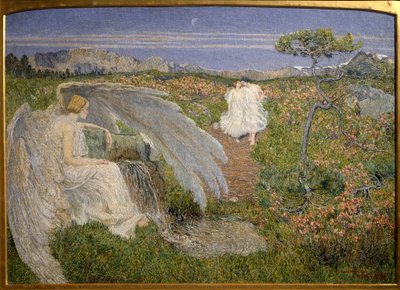 Zdroj lásky: Anděl, který sleduje pár procházející se ve snové krajině od Giovanni Segantini