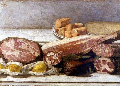 Radost z barev, zátiší z uzenin. Obraz Giovanni Segantini (1858-1899). 1886. Milan, spol. privee. od Giovanni Segantini