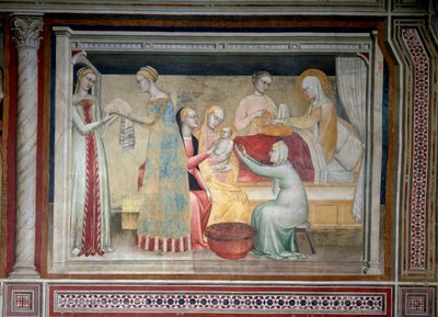 Život Panny Marie: narození Marie (Freska od Giovanni da Milano