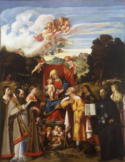 Madona trůnící s anděly, sv. Apollonie, sv. Augustin, sv. Kateřina, sv. Josef, sv. Grata, sv. Filip Benizzi a sv. Barbora (oltář sv. Gottharda) od Giovanni de Busi Cariani