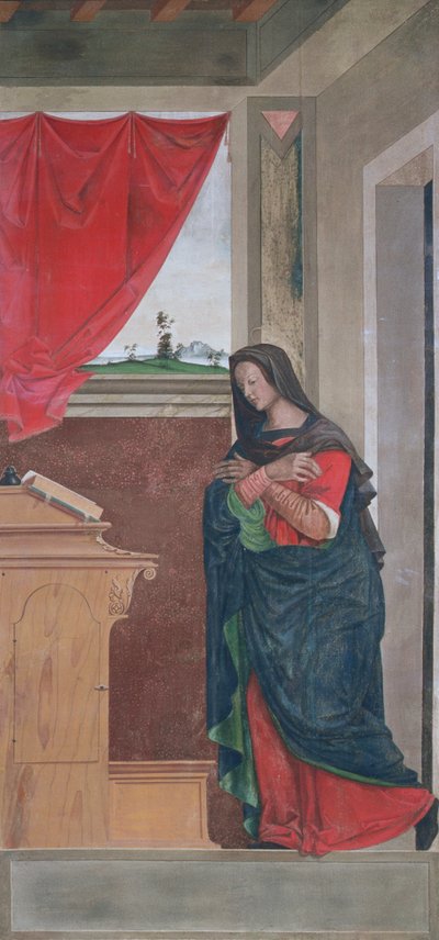 Virgin Annunciate, panel zvěstování původně tvořící jednu z vnějších okenic varhan v San Bartolomeo, Vicenza (tempera na plátně) (viz 183650) od Giovanni de