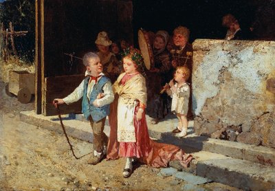 Mladý manželský pár, Giovanni Del Re (1829-1919), olej na panelu, 23x33 cm od Giovanni del Re