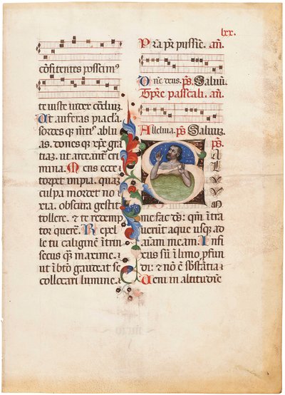Žalmista v moři, iniciála "S" na listu z iluminovaného notovaného breviáře, Bologna nebo Ferrara, asi 1440 (tuš a barva na pergamenu) od Giovanni di Antonio da Bologna