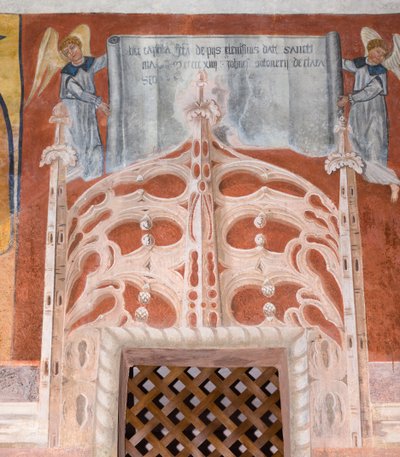 Botoneriho dedikační nápis "Tato kaple San Magno byla postavena z obětavých almužen, které věnoval. od Giovanni di Cherasco Botoneri