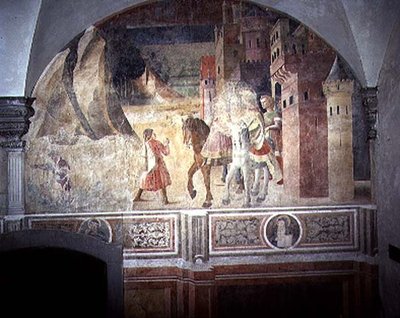 Sv. Benedikt odchází z domova, detail z cyklu fresek Život sv. Benedikta z Chiostro degli Aranci (Klášter pomerančů) cca 1430 (freska) od Giovanni di Consalvo (attr. to)