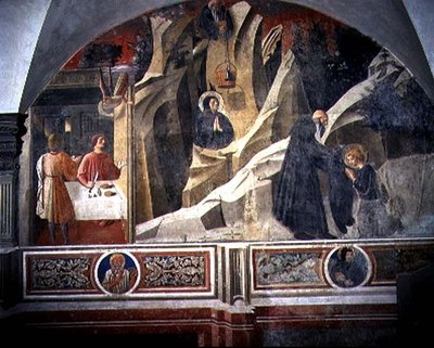 Svatý Benedikt přijímá chléb a plášť od poustevníka Romana, detail z cyklu fresek Život sv. Benedikta z Chiostro degli Aranci (Klášter pomerančů) kolem 30. let 14. století (freska) od Giovanni di Consalvo (attr. to)