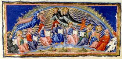 Paradiso, Canto X. Beatrice a Dante se vznášejí vedle nebes Slunce a setkávají se s těmi, kdo se vyznačují svou moudrostí. Vítá je sv. Tomáš Akvinský s Albertem Magnusem. Níže sedí deset zástupců moudrosti; Bede, sv. Ambrož, Isidor ze Sev od Giovanni di Paolo