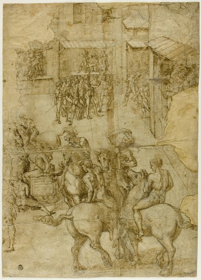 Mytologická přehlídka (recto); Nečitelné nápisy a anatomické studie hlavy (verso) od Girolamo Genga