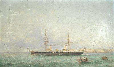 Bitevní loď HMS Inflexible vyplouvá na moře z přístavu Grand Harbour ve Valettě od Girolamo Gianni