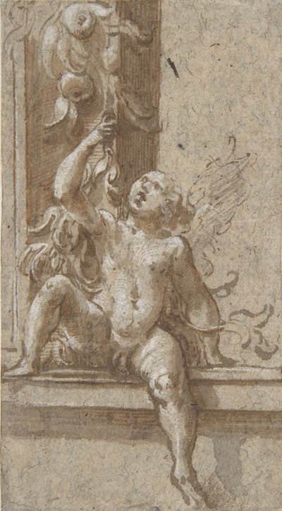 Putto sedící na rámu, ca. 1538-40. od Girolamo Mazzola Bedoli