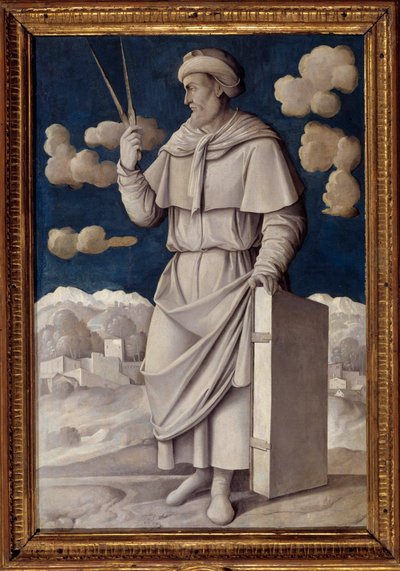Portrét na úpatí Euklida (325-265 př.nl), řecký matematik Malba Girolamo Mocetto (1458-1531) 1531 Paříž. Musee Jacquemart Andre - Celovečerní portrét Euklida (325-265 př.nl), anglický matematik. Obraz od Girolama Mocetta (1458-1531) od Girolamo Mocetto