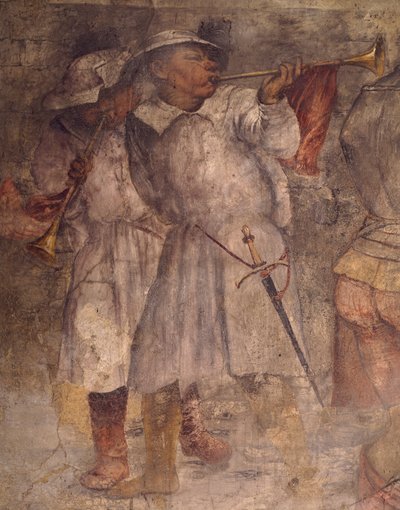 Postava muže hrajícího na trubku, detail z fresky od Girolama Romanina (cca 1484-1566), kostel sv. Antonína (Saint