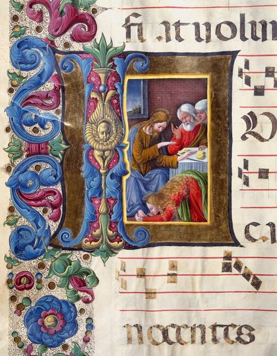 Hlavičkový papír Decoree zobrazující Máří Magdalénu u nohou Ježíšovy miniatury od Girolama da Cremona (činný kolem 1451-1483) a Liberale da Verona (1445-1529) z chóru (Cod. 22/7. c.15v) z katedrály v Sieně . Katedrála (Duomo) z 15. století od Girolamo da Cremona