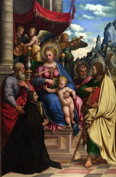 Madona s dítětem s anděly, světci a dárcem od Girolamo da Treviso the Younger