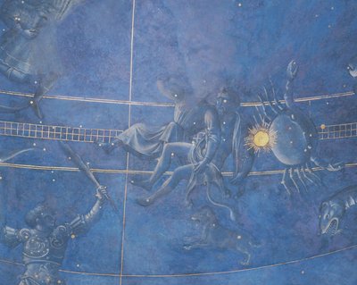 Cesta Slunce mezi hvězdami v noci 4. července 1442, detail Blíženců a Raka, z podhledu nad oltářem, kolem 1430 (detail 85088) od Giuliano dArrighi Pesello