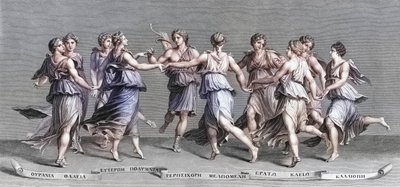 Apollo tančí se svými devíti olympijskými múzami. (tisk) od Giulio (after) Romano