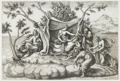Latona Giving Birth to Apollo and Diana, vyryla Diana Mantovana (nar. 1535), po roce 1575 (rytina) od Giulio (after) Romano