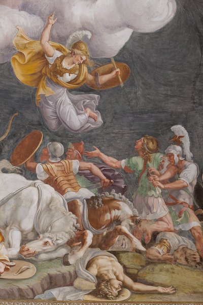 Bitva, detail, Trojský kůň, Trojská komnata (Sala di Troia) od Giulio (and workshop) Romano