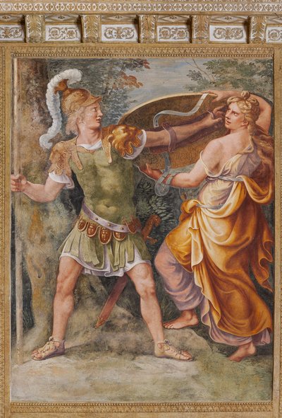 Thetis dává Achilleovi zbraně ukované Héfaistosem (Vulkán), Trojský kůň, Trójská komnata (Sala di Troia) od Giulio (and workshop) Romano