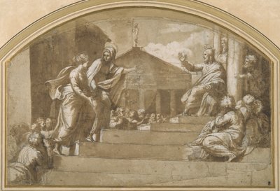 Marta přivádí Marii Magdalenu ke Kristu (pero a inkoust na papíře) od Giulio (attr. to) Romano
