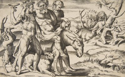 Opilý Silenus jedoucí na oslu podporovaný satyry, 1531-76. od Giulio Bonasone