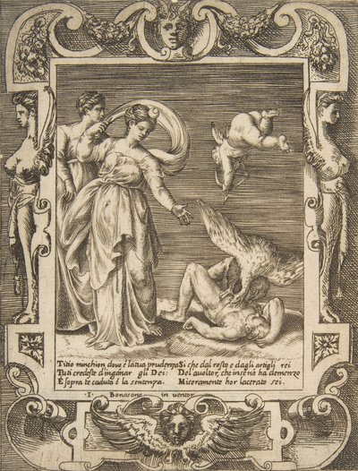 Sup požírající vnitřnosti Titia, Amor nad dvěma ženami nalevo, zasazený do..., 1531-76. od Giulio Bonasone