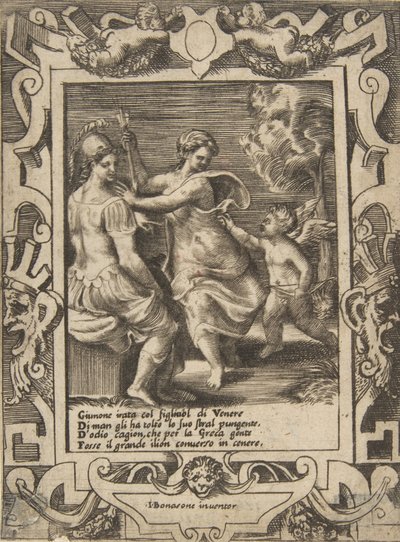Athéna sedící poblíž Juno, která odnesla Amorovy šípy, zasazené do propracovaného rámu..., 1531-76. od Giulio Bonasone