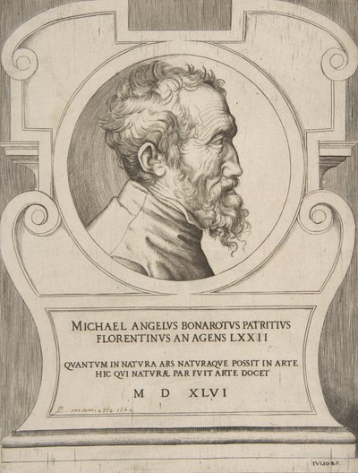 Bustový portrét Michelangela obrácený vpravo, zasazený do kartuše, 1546. od Giulio Bonasone