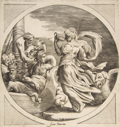 Circe pití z poháru se společníky Ulysses na lodi vlevo, kruhový ..., 1531-76. od Giulio Bonasone