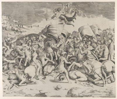 Konstantin poráží tyrana Maxentia, nad ním létají andělé s meči, 1544., 1544. od Giulio Bonasone