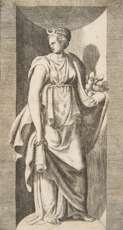 Diana držící ovoce v levé ruce stojící ve výklenku, ca. 1531-76. od Giulio Bonasone