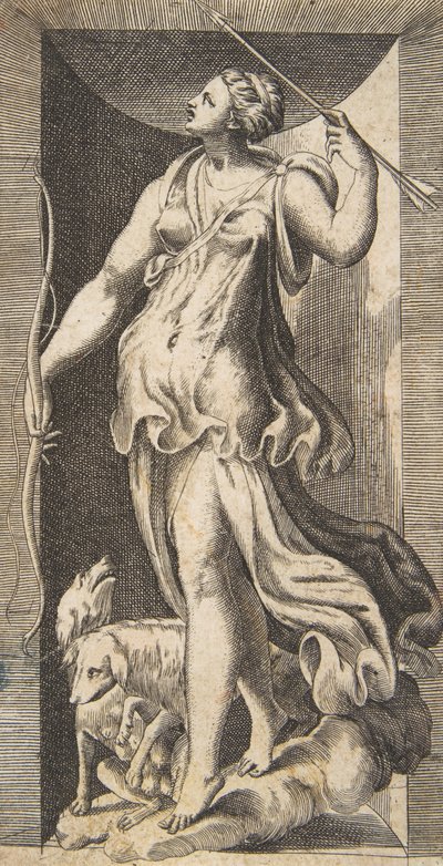 Diana lovkyně v doprovodu svých psů stojící ve výklenku, 16. stol., 16. stol. od Giulio Bonasone
