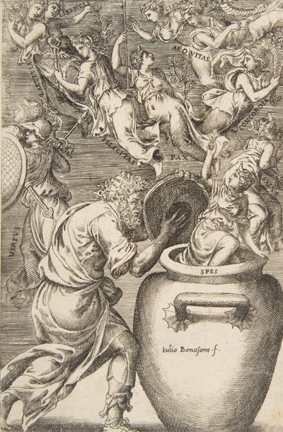 Epimetheus otevírá Pandořinu skříňku, 1531-76. od Giulio Bonasone